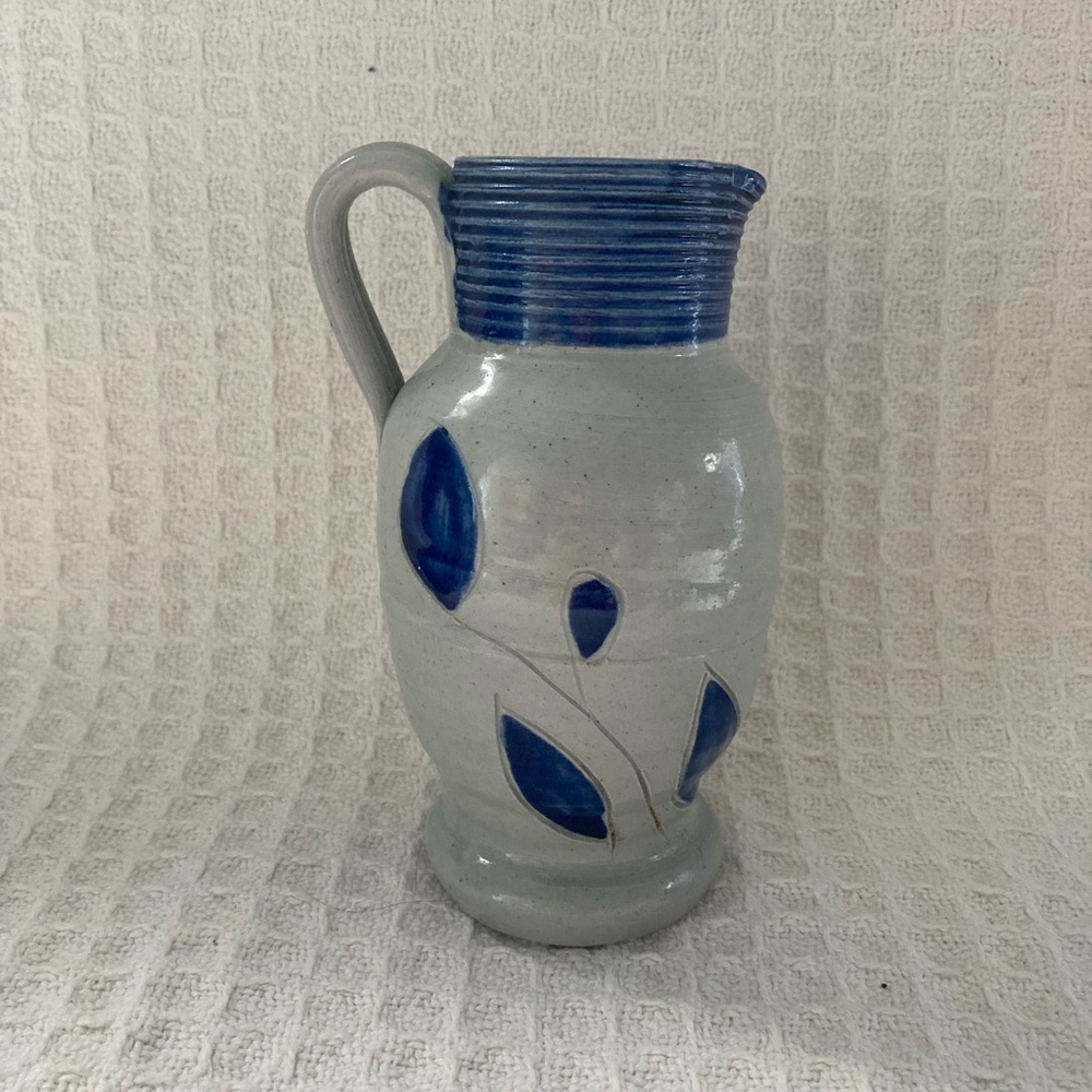 Williamsburg Pottery Gray & Blue Pitcher With Blue Leaves On The Front
